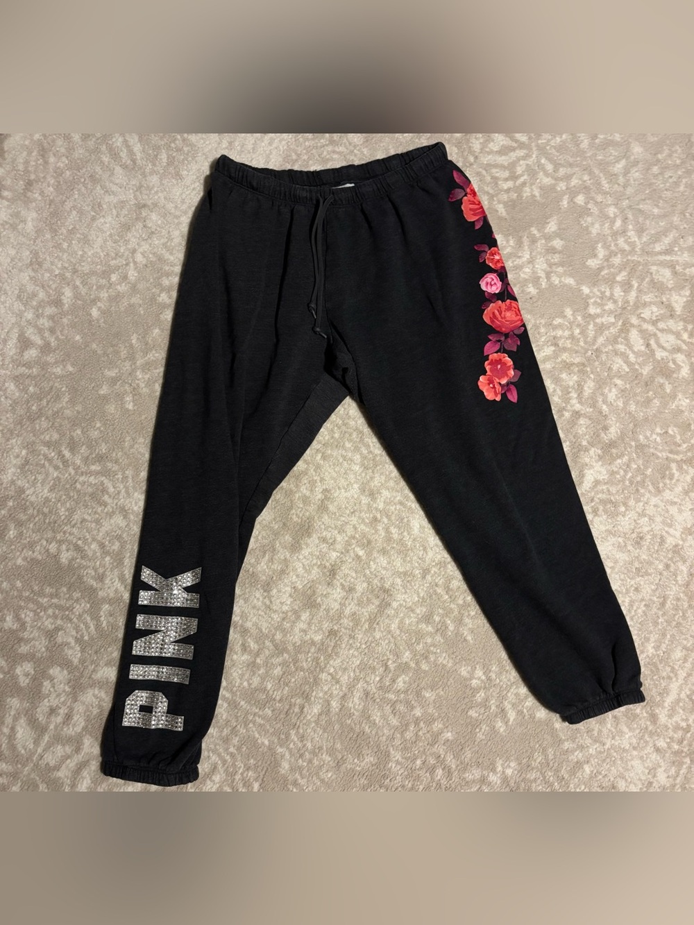 Victoria’s Secret PINK - Grey Sweatpant W/ Flower Print Graphic & Bedazzled Logo - Picture 3 of 9